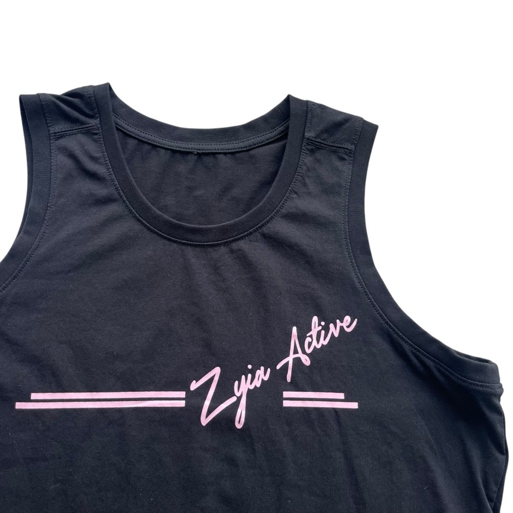 Zyia Active Women’s Sz Small Black Pink Logo South Beach Tank Summer Relaxed Fit